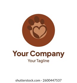 Brown paw print with heart inside a circle creates a friendly logo design Available for branding and marketing materials.