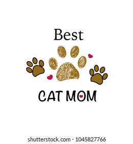 Brown paw print with hearts. World's best cat mom. Happy Mother's Day background