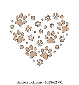 Brown paw prints in heart shape illustration - vector creative sign made with animal's footprints