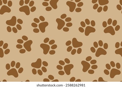 Brown Paw Prints on Beige Background Seamless Vector Pattern