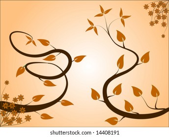 A brown and peach coloured abstract vector illustration with twisting leafy fronds on a lighter peach background