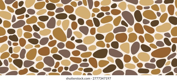 Brown pebble stone seamless pattern. Repeated smooth cobblestone background. Rounded stone sidewalk paved texture. Sea or river beach rock repeating wallpaper. Vector landscaping pavement backdrop