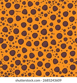 Brown pebbles pattern on an orange background with a playful cartoon style. The stones come in different shapes and sizes. Seamless pattern vector illustration