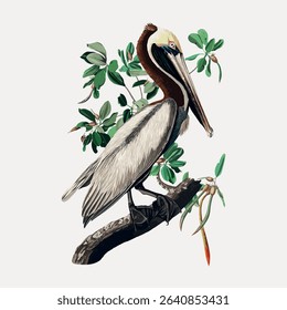 Brown pelican bird, illustration isolated on white, vector. 