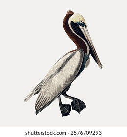 Brown pelican bird sticker. Pelican bird animal wild life vector illustration. Vintage bird animal art drawing illustration, old painting art print. Vintage isolated vector.