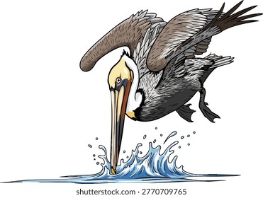 Brown pelican diving into water with coastal bird marine bird aquatic animal behavior
