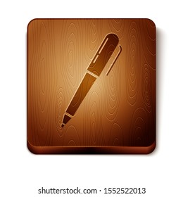 Brown Pen icon isolated on white background. Wooden square button. Vector Illustration