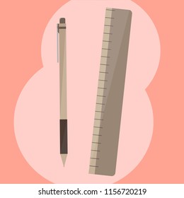 Brown Pen and ruler on the pink background using as a background or book cover
