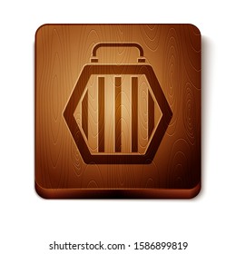 Brown Pet carry case icon isolated on white background. Carrier for animals, dog and cat. Container for animals. Animal transport box. Wooden square button. Vector Illustration