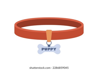 Collarín de mascotas marrón con medallón en forma de hueso plateado. Collar de perros con medallón. Accesorio de cachorros aislado sobre fondo blanco. Ilustración del vector