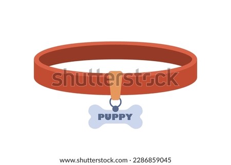 Brown pet collar with silver bone shaped medallion. Dogs necklace with medallion. Puppies accessory isolated on white background. Vector illustration