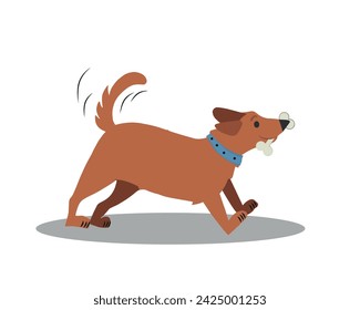 Brown Pet Dog Carrying Bone In Teeth, Animal Emotion Cartoon Illustration.