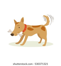 Brown Pet Dog Carrying Bone In Teeth, Animal Emotion Cartoon Illustration