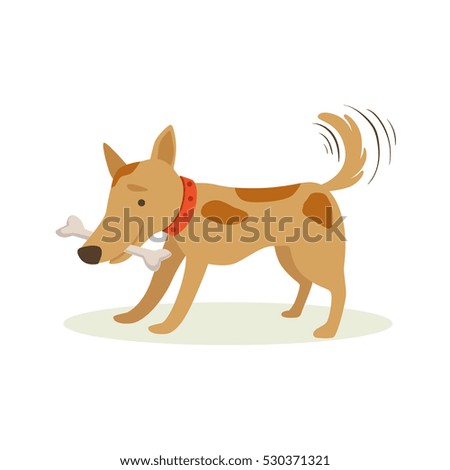 Brown Pet Dog Carrying Bone In Teeth, Animal Emotion Cartoon Illustration