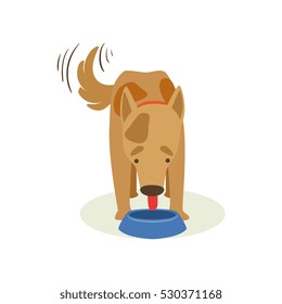 Brown Pet Dog Eating Dog Food, Animal Emotion Cartoon Illustration