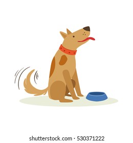 Brown Pet Dog Wating To Be Fed With Dog Food , Animal Emotion Cartoon Illustration