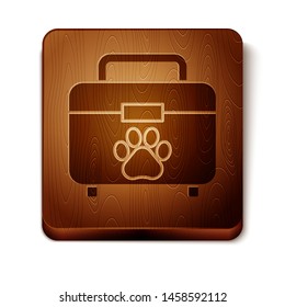 Brown Pet first aid kit icon isolated on white background. Dog or cat paw print. Clinic box. Wooden square button. Vector Illustration