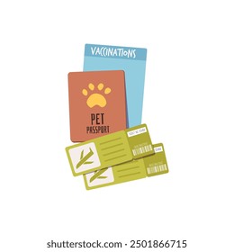 A brown pet passport, two green boarding passes and a blue pet vaccination document. Flying on an airplane. Required documents for the flight. Vector illustration isolated on white background.