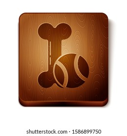 Brown Pet toys bone rubber and ball icon isolated on white background. Wooden square button. Vector Illustration