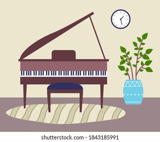 Brown piano or grand piano, blue classic pouf, striped oval rug, blue vase with plant. Clock on beige wall. Playing the music, staying at home. Seating interior. Cartoon flat vector image for web