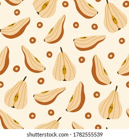 Brown pieces of pears and small balls. Seamless repeating pattern. Vector pattern for wrapping, packaging, design, postcards, etc. Contemporary illustration.