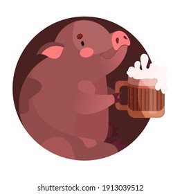 brown pig with a mug of dark beer, funny pig character in cartoon style, beer label, vector illustration