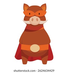 Brown pig wearing superhero costume with orange mask, cape and belt is standing up