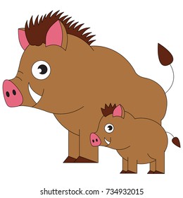 Brown Piggy Hug Mother and Child cartoon. Outlined illustration with thin line black stroke