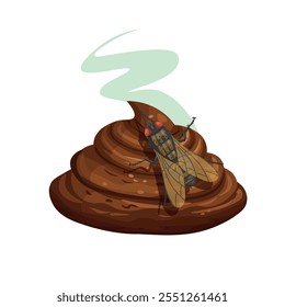 Pilha marrom de cocô com vetor de mosca ilustração desenho animado estilo
