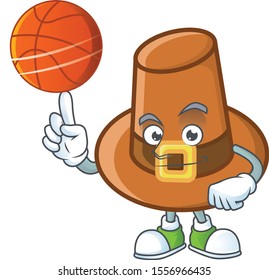 Brown pilgrim hat with the cartoon holding basketball.