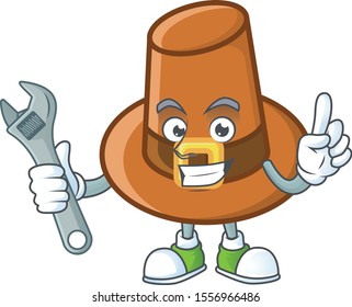 Brown pilgrim hat cartoon with mascot mechanic