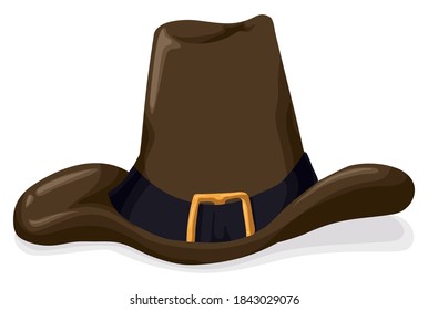Brown pilgrim hat with tall shape, leather band and golden buckle, isolated over white background.