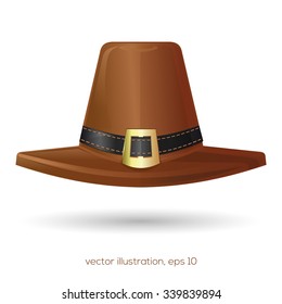 Brown pilgrim's hat with a black stitched buckle. Thanksgiving symbol. Vector illustration.