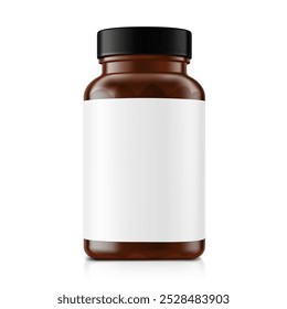 Frasco de pílula marrom mockup com rótulo para vitaminas, suplementos, guloseimas, isolado no fundo branco. Ilustração vetorial. pronta para seu design. EPS10