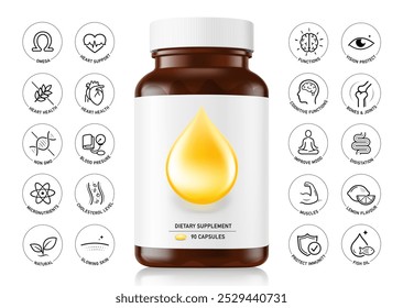 Brown pill bottle mockup with label for omega supplements isolated on white background  with health icons set. Vector illustration isolated on white background. Ready for your design. EPS10.