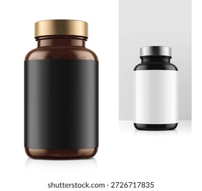 Brown Pille Flasche mockup mit Etikett für Leckereien, Vitamine, Ergänzungen. Vektorgrafik einzeln auf weißem Hintergrund. Bereit für Ihr Design. EPS10.	