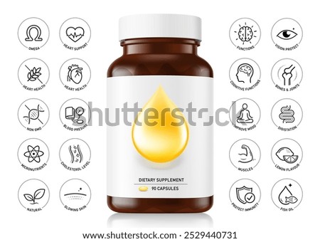 Brown pill bottle mockup with label for omega supplements isolated on white background  with health icons set. Vector illustration isolated on white background. Ready for your design. EPS10.