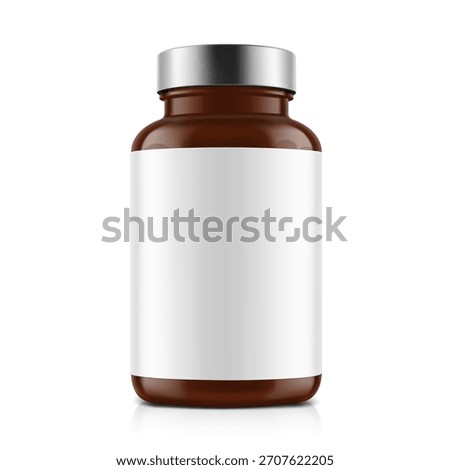 Brown pill bottle mockup with label for treats, vitamins, supplements isolated on white background. Vector illustration. ready for your design. EPS10.