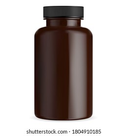 Brown pill bottle mockup. Medical tablet capsule vial. Amber supplement container with black lid. Cylinder package for pharmaceutical medicament isolated on white. Big plastic pharmacy box