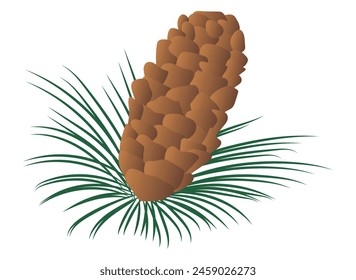 Brown pine cone with fir in flat design. Decorative conifer pinecone. Vector illustration isolated.