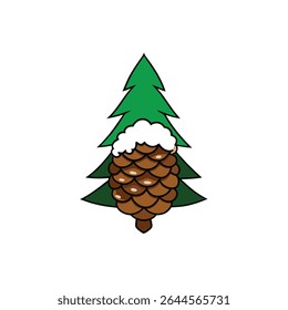 a brown pine cone with snow tips and green fir