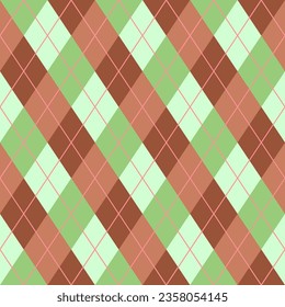 Brown, Pink and Green Argyle and Tartan Plaid Vector Pattern. Hipster Fashion Prints. Preppy Aesthetic Seamless Pattern. Shades of Brown, Pink and Green.