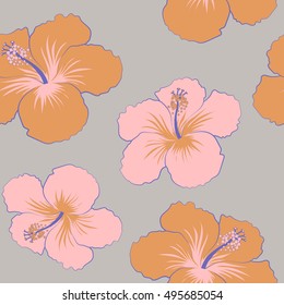 Brown and pink hibiscus flower on a color background in a trendy vector style. Hawaiian tropical natural floral seamless pattern.