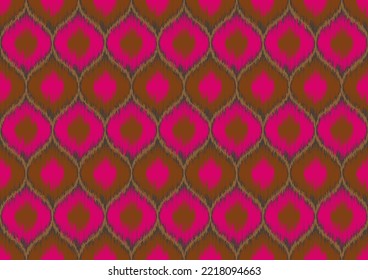 Brown and pink ikat fabric patterns are placed on top of each other and arranged sideways with stripes like weaving with yarn. on the brown background