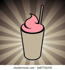 Agitación de leche marrón y rosa con un icono de paja en un fondo rayado marrón