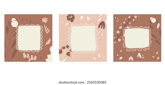 Brown and pink nude collage background with frame for text set. Mocha mousse palette Abstract textured template. Monochrome backdrop. Scrapbook nude colors cover with copy space. Vector illustration.