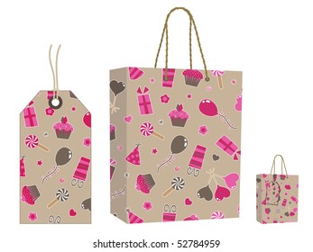 brown and pink party pattern bag and tag gift set isolated on white