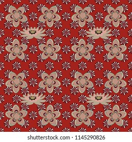 Brown, pink and red background with flowers pattern. Vector floral seamless pattern.