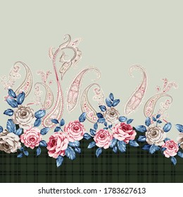 brown and pink vector flowers with seamless paisley border pattern on stripe green background