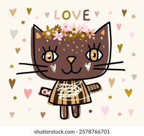 Brown and pink vector hand drawn doodle cat with cute face, floral wreath, Kawaii kitty for kids and baby graphic design in neutral earthy colors
